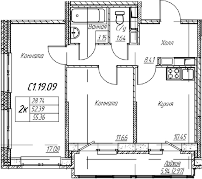 2-комнатная квартира 55.36 м², 19/22 эт., ЖК «Парк-квартал Юнтолово»